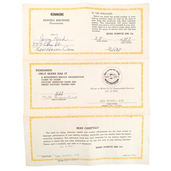 Vintage Sears Kenmore Sewing Machine Guarantee Ephemera 1964 New Haven Hamden - Picture 1 of 3